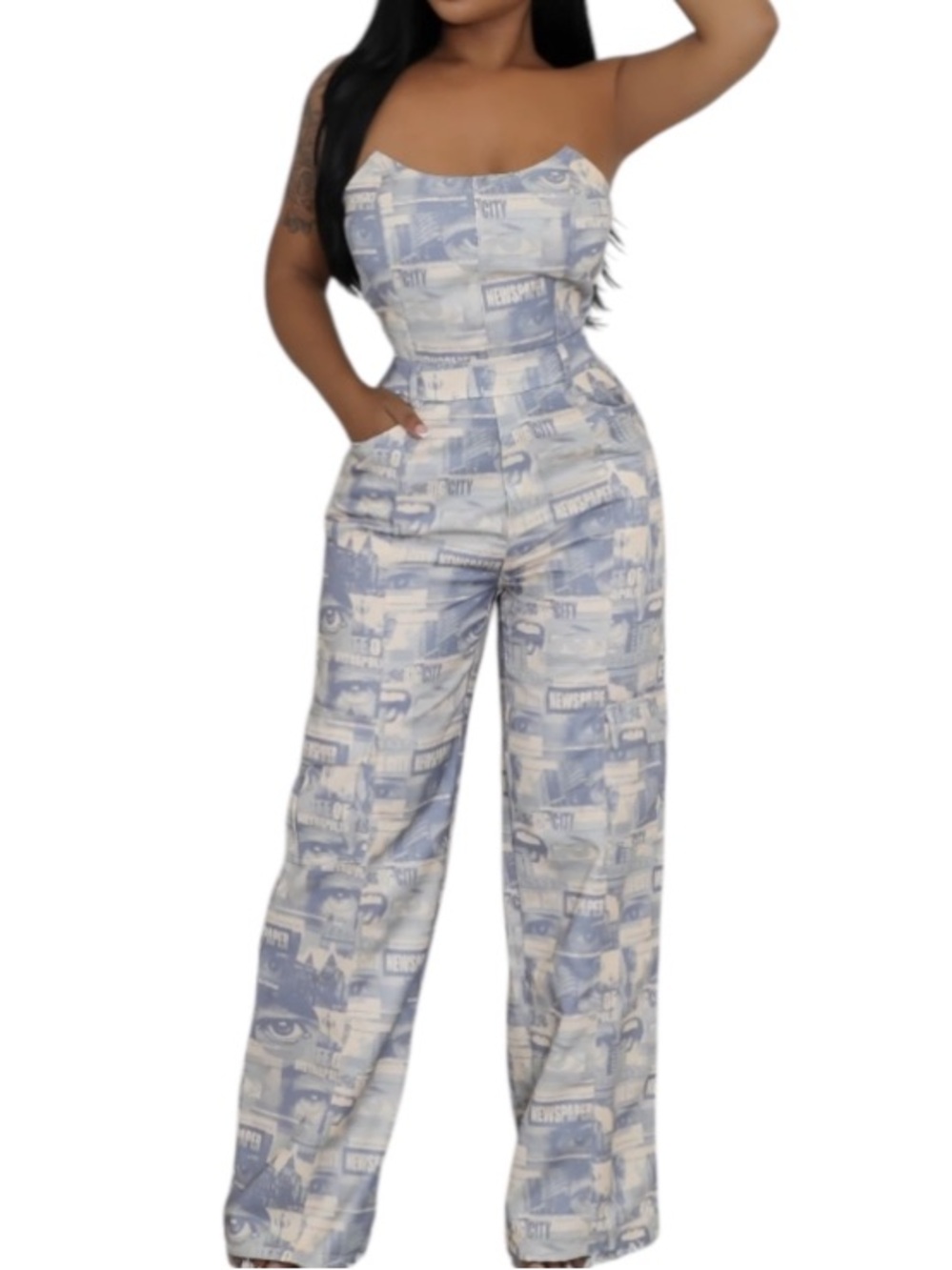 Strapless Printed Wide-Leg Jumpsuit in Light Blue